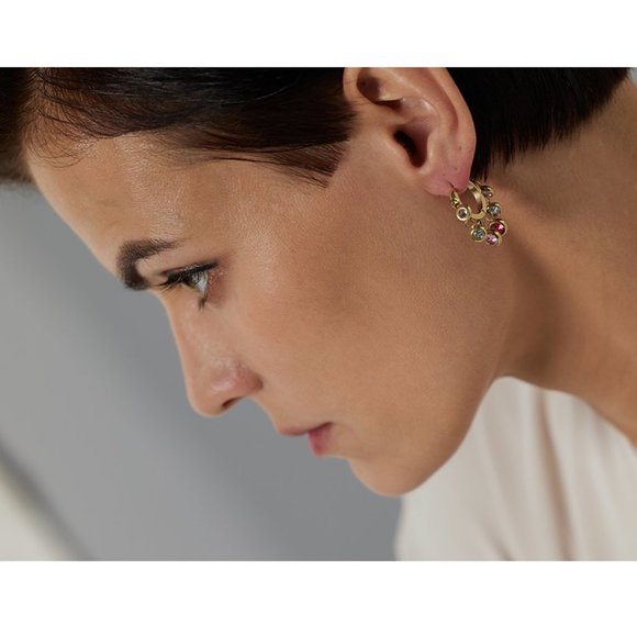 ^NEW 18K Gold Plated Round Diamond Drop Huggie Hoop Earrings - Picture 3 of 9